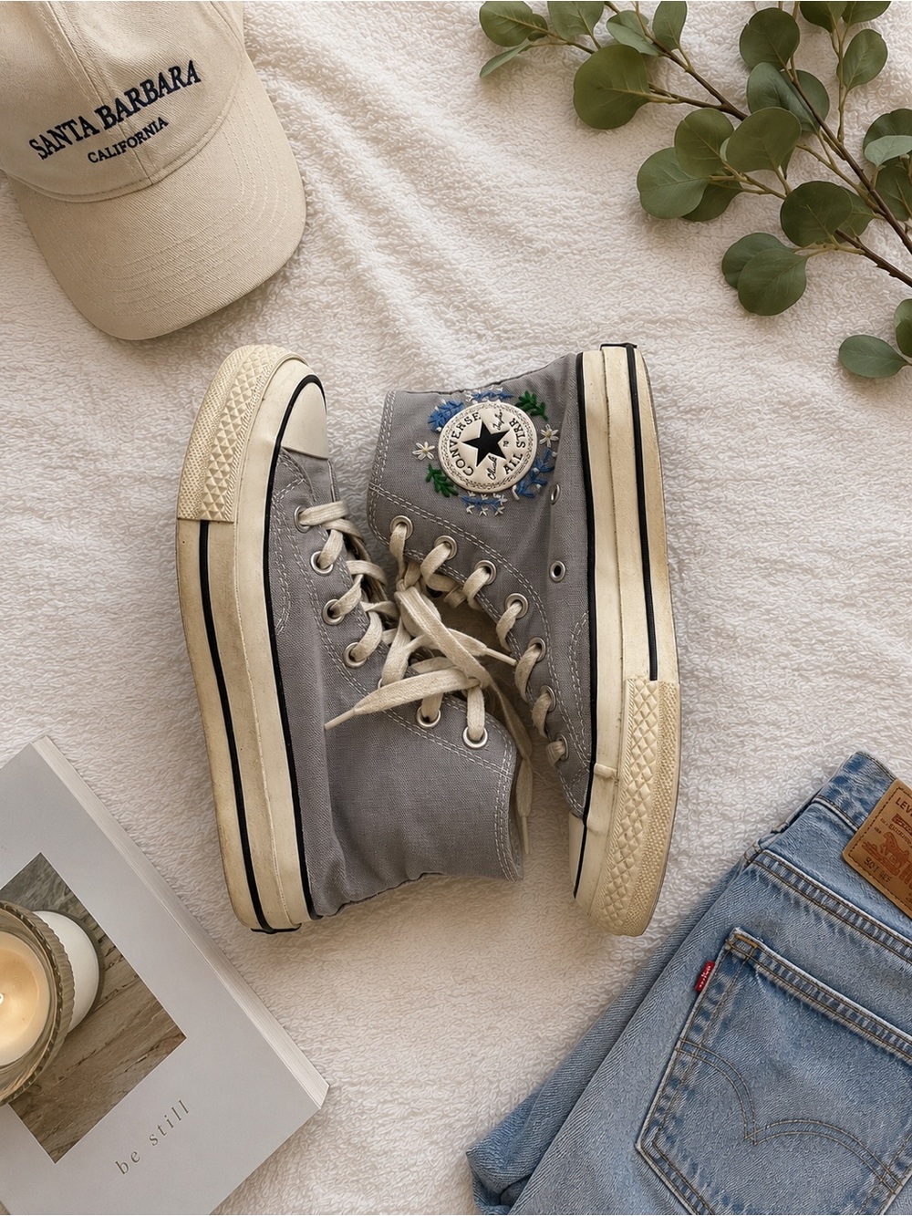 Converse Chuck 70 Embroidered Floral High Top Sneakers Gray Canvas Women’s 7.5